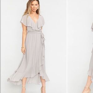 Show Me Your Mumu Jess Ruffle Midi Dress XS Dove Grey